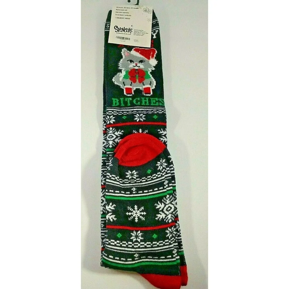 Spencer's Workshop Merry Christmas Bitches Long Black Patterned Cat Socks 9-11